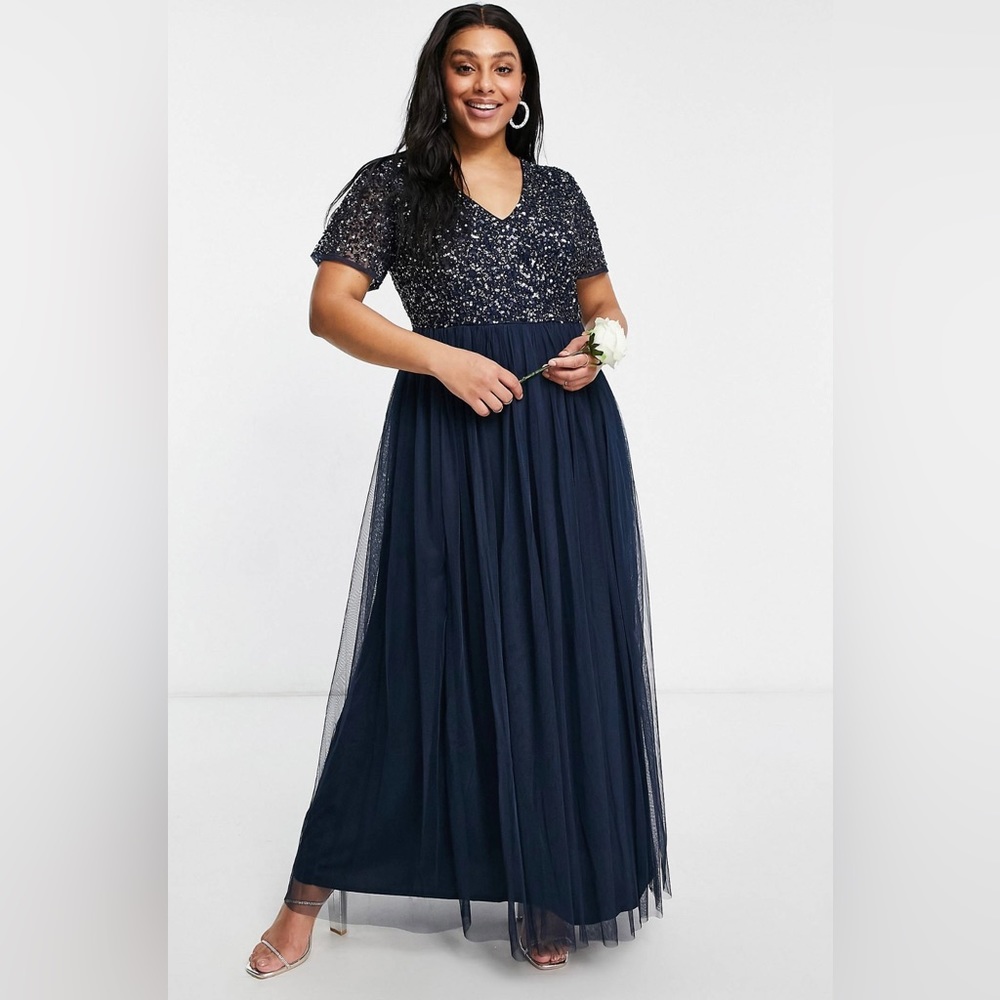 ASOS Curve Maya Plus Size Bridesmade Short Sleeve Maxi Tulle Navy Dress Size 20